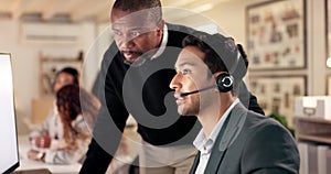 Call center, team manager and a man with help at computer for customer service, advice or crm. Consultant person and