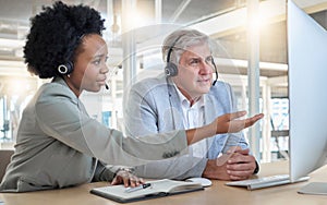 Call center, teamwork and coaching, black woman with man at computer at help desk office. Customer service consultant
