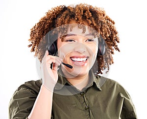 Call center, telemarketing or black woman laughing in communication isolated on white background. Customer services