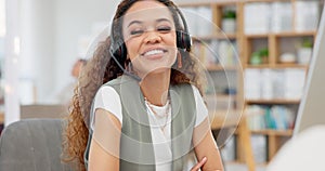 Call center, telemarketing and face of woman in the office doing an online consultation with headset. Contact us, smile