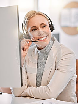 Call center, thinking and headset of woman, smile and friendly for customer service, talk and tech support. Office