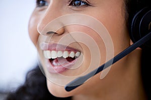 Call center, thinking and woman with microphone in office for customer service, communication and support. Agent, female