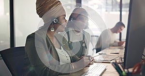 Call center, training and black woman coaching recruit at customer service agency in Africa. Diversity, teamwork and crm