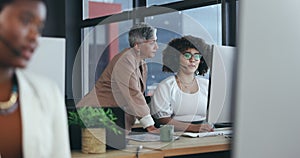 Call center, training and business people on computer, tech support or advice, helping and solution in workspace