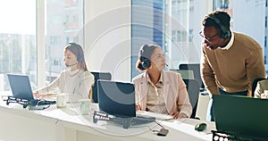 Call center, training and business people teamwork, talking or advice in sales, telemarketing strategy or management