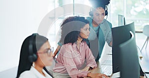 Call center, training and computer with women, telemarketing and contact us with teamwork in office. Black woman, mentor