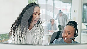 Call center, training and consultant women on computer for technical support or advice, helping and IT solution