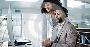 Call center, training and learning in office with mentor, technical support and advice for working on computer