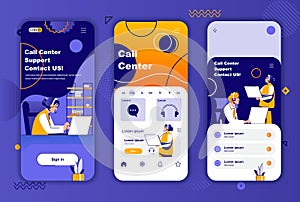 Call center unique design kit for social networks stories. Customers support, hotline operator assistance mobile screen templates