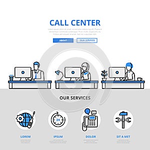 Call center user support office banner flat line art vector icon