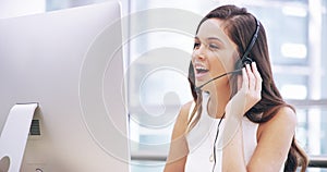 Call center, woman and communication at computer for telemarketing questions, customer service and sales consulting