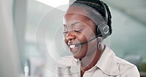 Call center, woman and happy with consulting and telemarketing with customer service and headset. Communication, black