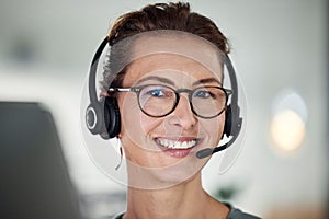 Call center, woman and happy portrait closeup of communication, connection and consulting worker. Customer service