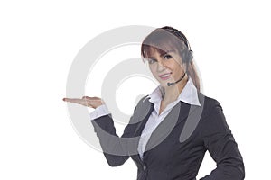 Call center woman with headset. Smiling Business woman showing o