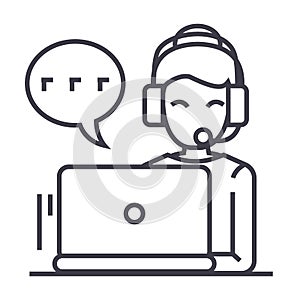 Call center,woman with headset working on laptop vector line icon, sign, illustration on background, editable strokes