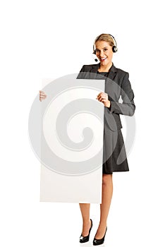 Call center woman holding empty blank