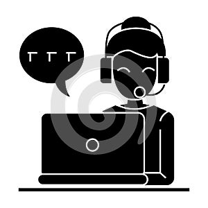 Call center - woman laptop headset icon, vector illustration, black sign on isolated background