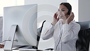 Call Center. Woman Operator In Headset On Hotline Support