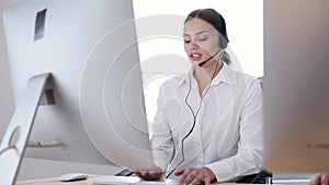 Call Center. Woman Operator In Headset On Hotline Support