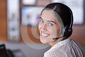 Call center, woman and portrait with headset for consulting for customer service or assistance with crm. Female operator