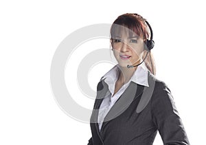 Call center woman, smiling business woman, customer Service Agent with headset isolated on a white background