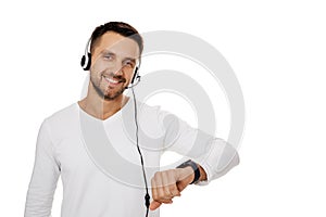 Call center worker man on white background.