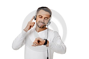 Call center worker man on white background.