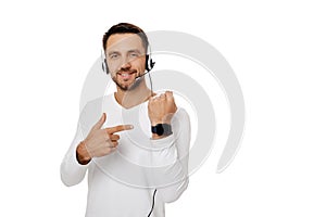 Call center worker man on white background.