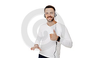 Call center worker man on white background.