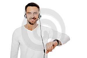 Call center worker man on white background.