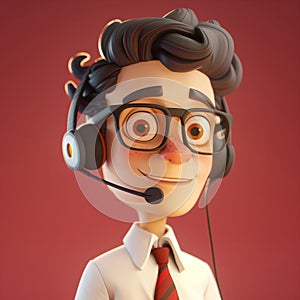 Call center young male agent talking. 3d character. Curly man in glasses and white shirt with a headset. Customer support line