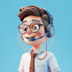 Call center young male agent talking. 3d character. Man in white shirt with short sleeves with a headset