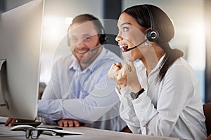Call centre, agent and woman with computer, winner and goal of target, milestone and achievement of customer service