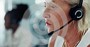 Call centre, face and mature woman on headphones for virtual help, support or customer service. Office, communication