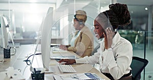 Call centre, listening or black woman with headset for communication, support or customer service. Computer, virtual