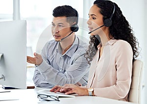 Call centre, man and woman with manager, typing and computer for website and market research online. Tech support, help