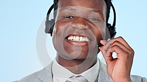 Call centre, smile and communication in studio by man, technical support and customer service. Happy black person, help