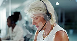 Call centre, talking and mature woman with headset for communication, support or customer service. Office, virtual help
