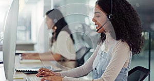 Call centre, talking and woman with computer for communication, support or customer service. Office, virtual help and