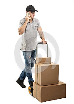 During a call - Courier hand truck boxes and packages