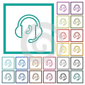 Call customer service outline flat color icons with quadrant frames