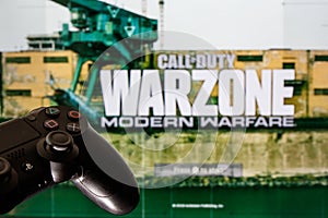 Call of Duty Warzone video game. Playing video game on Playstation 4.