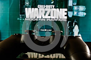 Call of Duty Warzone video game. Playing video game on Playstation 4.