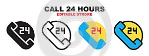 Call 24 hours icon set with different styles. Editable stroke style can be used for web, mobile, ui and more