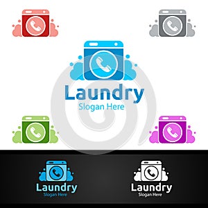 Call Laundry Dry Cleaners Logo with Clothes, Water and Washing Concept