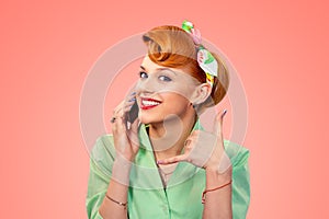 Call me. Pin up style girl with phone