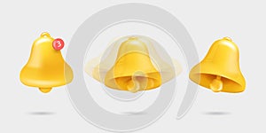Call notifications. A set of three bell icons with a new message in a yellow web chat. Realistic 3d object. Isolated on