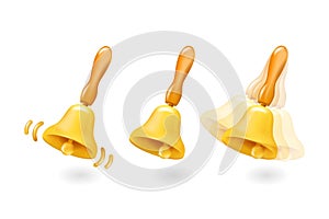 Call notifications. A set of three bell icons for school with a handle. A call for a lesson at school. Realistic 3d