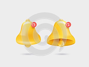 Call notifications. A set of two bell icons with a new message in a yellow web chat. Realistic 3d object. Isolated on a