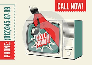 Call Now! Typographic retro poster. TV with a hand that is holding the telephone receiver. Vector illustration.